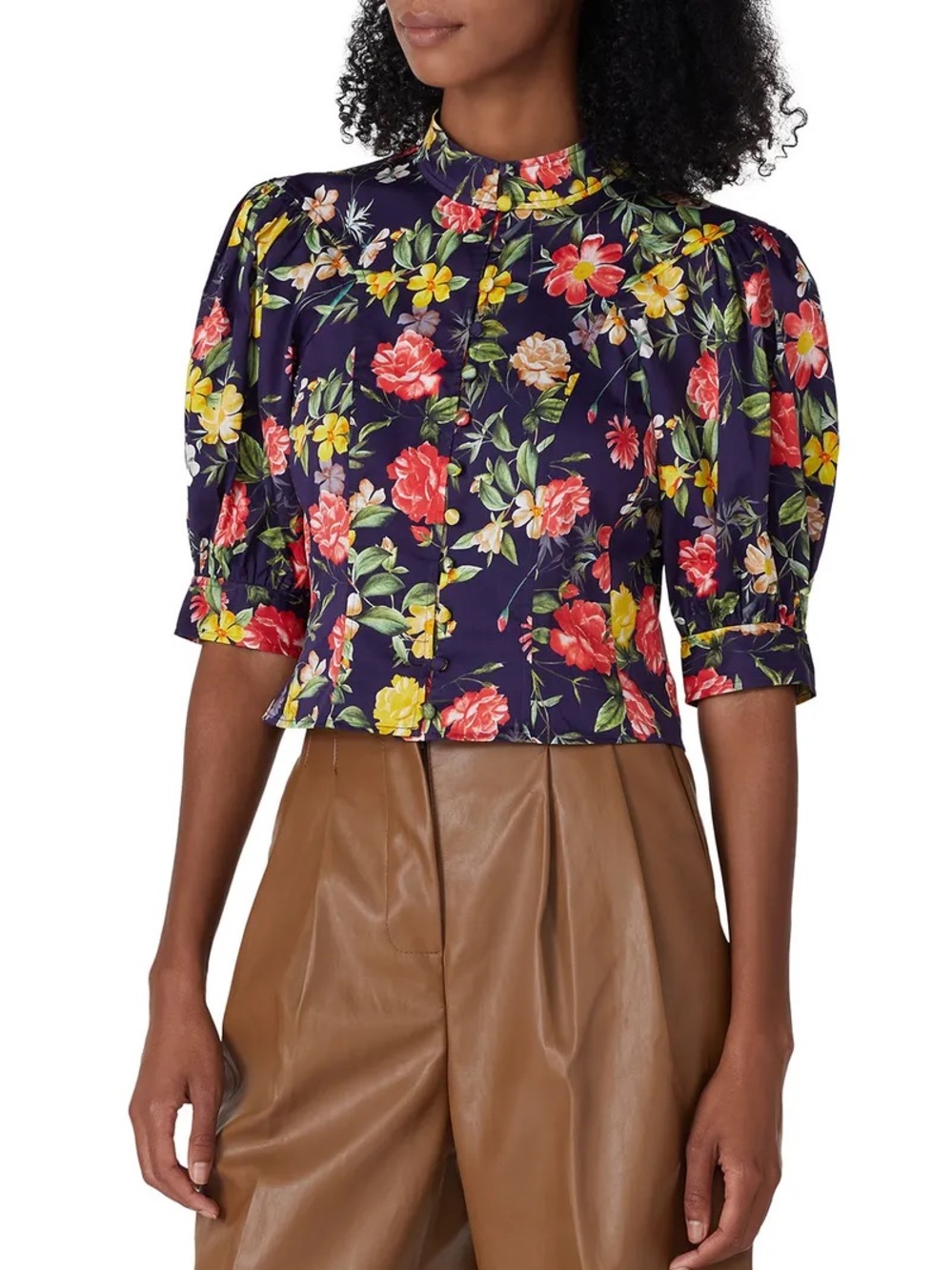 Marissa Webb Navy Floral Button-Front Blouse with Mandarin Collar - Picture 9 of 9